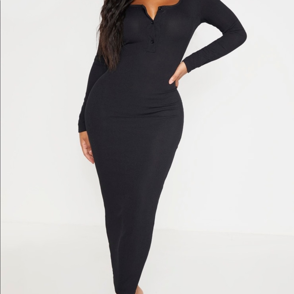 Pretty little thing shape black ribbed button front long sleeve Midaxi dress